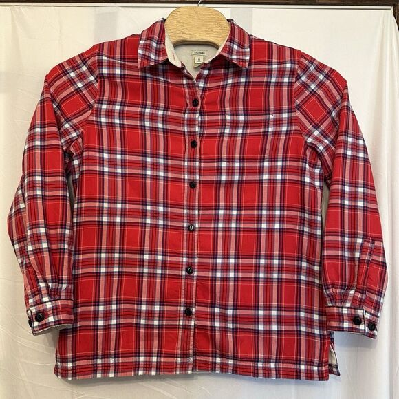 LL Bean Women's Size Medium Fleece Lined Button Up Flannel Shirt Red‎ Plaid - Picture 1 of 4